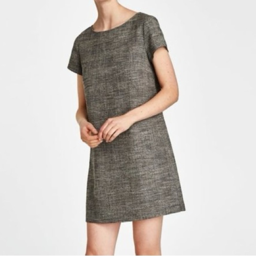 Zara Gray and Black Plaid Shift Women Short Sleeve Mini Dress Pull-on Classic
